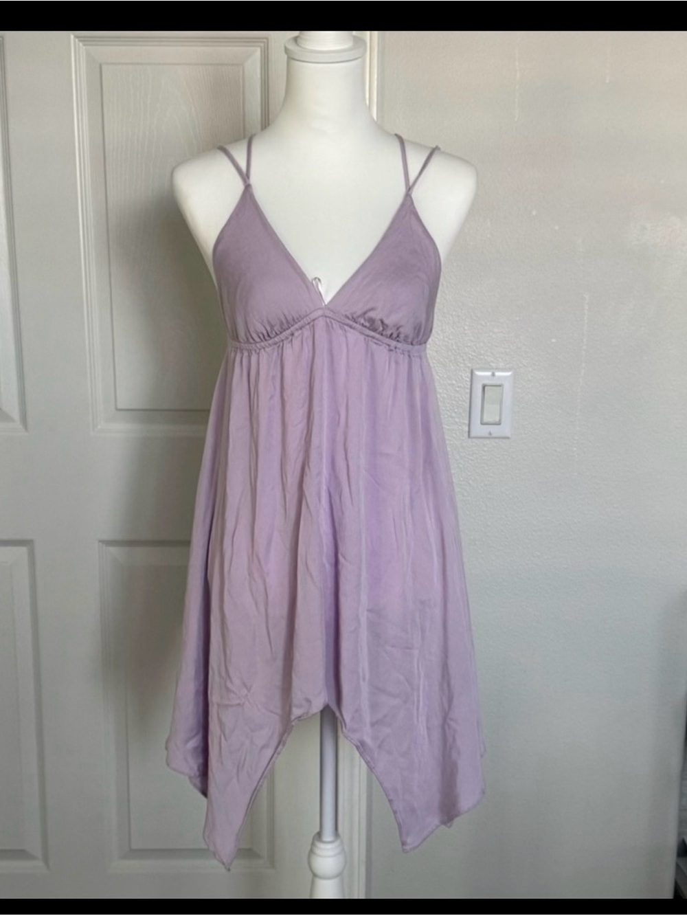 Ecote Lavender Spaghetti-Strap Handkerchief-Hem Mini Dress